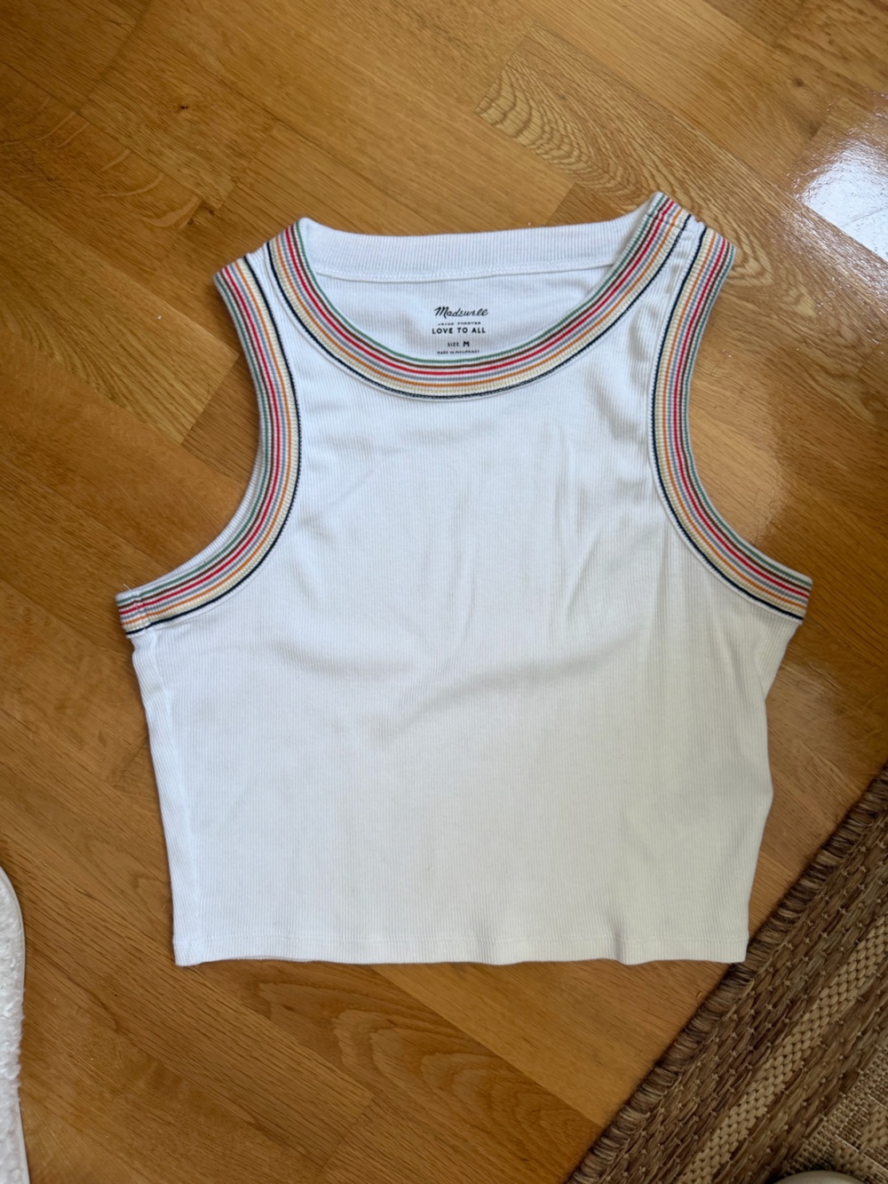 Madewell White Ribbed Tank with Rainbow Stripe Trim
